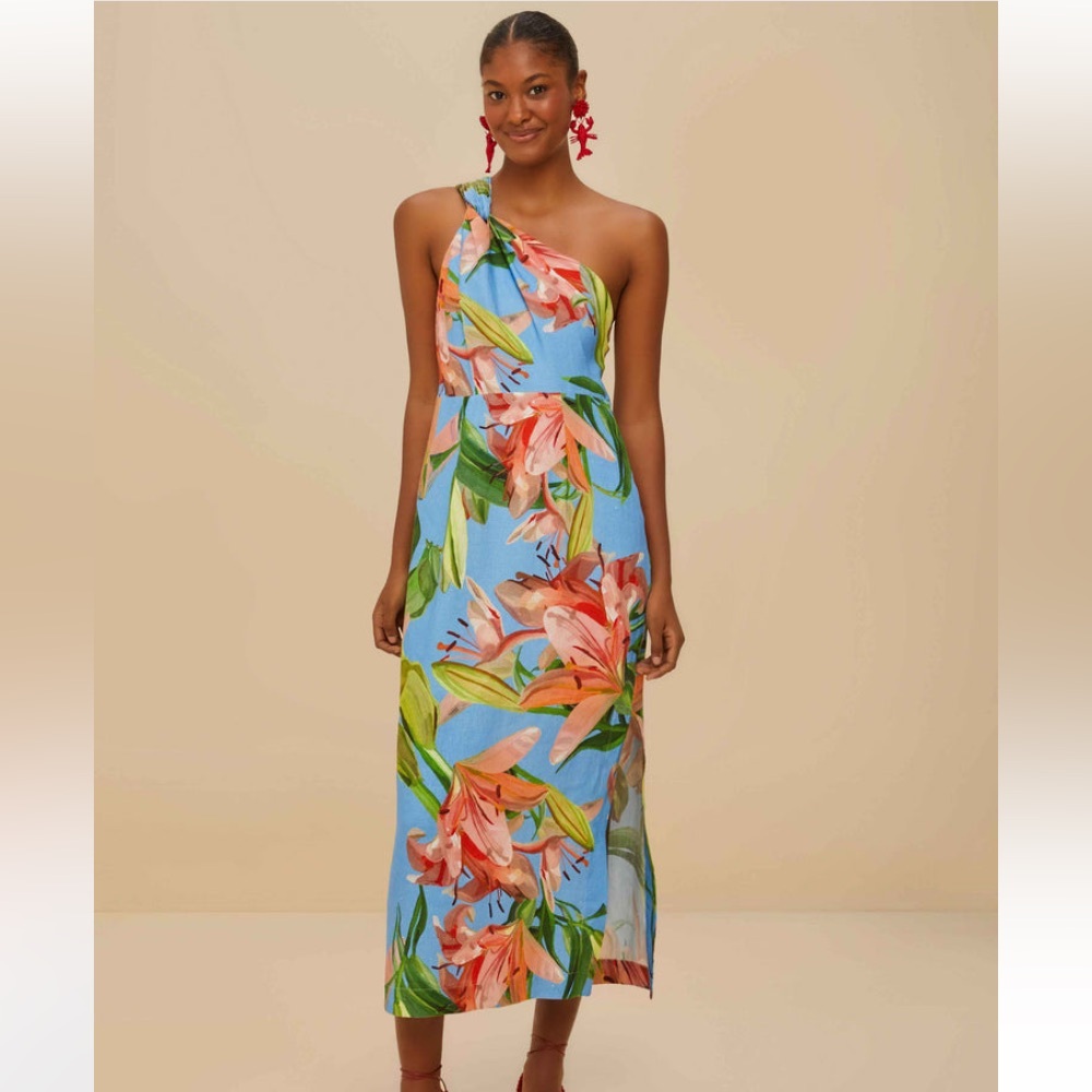 FARM Rio | Blue Lily Bloom Euroflax™ Premium Linen Midi Dress